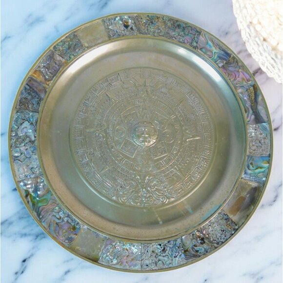 Aztec Calendar Plate Mexico Alpaca Silver Abalone Shell 11" Vintage Rare - Picture 1 of 10